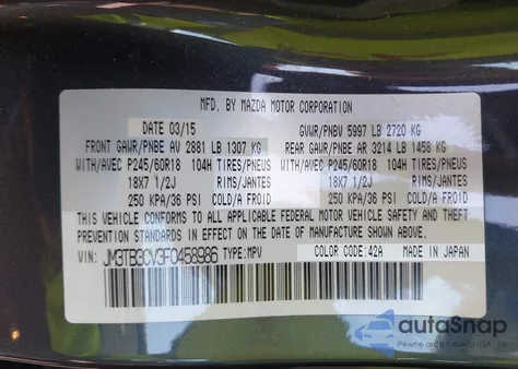 2015 Mazda Cx-9 Touring z USA, uszkodzony, nr VIN JM3TB3CV3F0458986